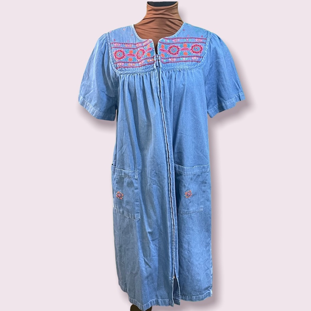 Go softly patio denim embroidered flower maxi dress